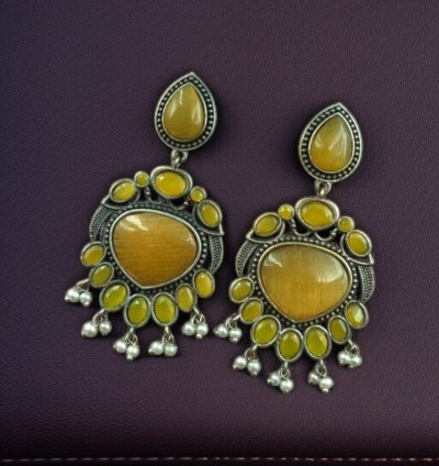 Oxidized Bird Silver Replica Stone Earrings