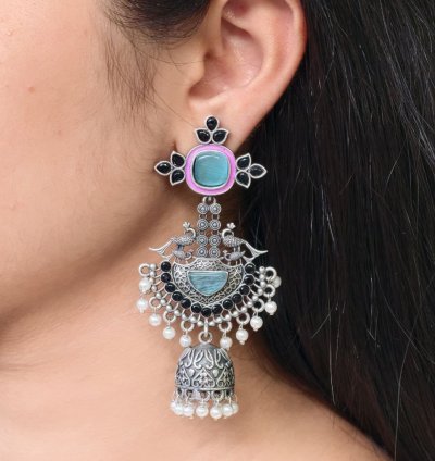 Meenakari Silver Replica Stone & Pearl Work Beautiful Long Jhumki Earrings