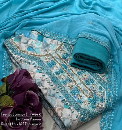 Cotton Satin Embroidered Suit Set