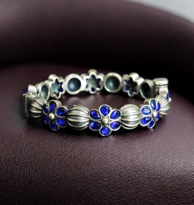 Traditional Openable Flower Design Bangle | Stone Work Silver Replica Best Oxidized Jewelry